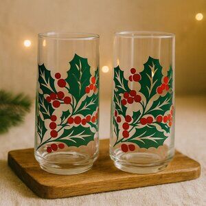 Vintage Crisa Holly Glasses Set of 2 Mid Century Christmas Holiday Tumblers